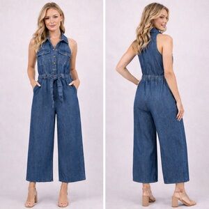 Indulge In Style NWT Blue Belted Wide Leg Denim Halter Jumpsuit Women Size Lrg